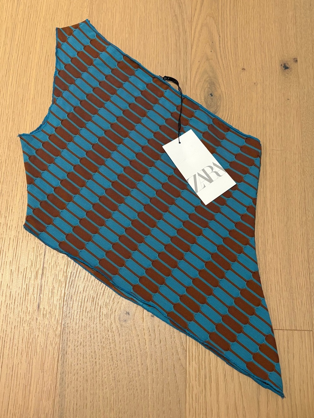 Zara Teal & Brown One-Shoulder Geometric Knit Camisole
